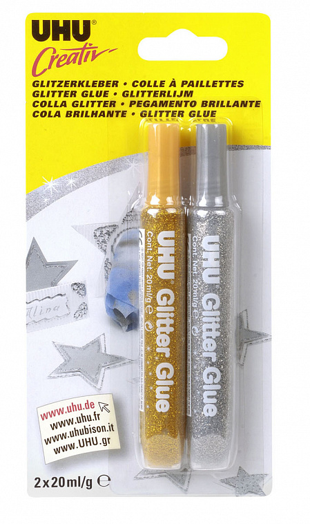 Набор клеевых глиттеров Uhu "Glitter Glue" 2 цв*20 мл (золото, серебро) в блисторе