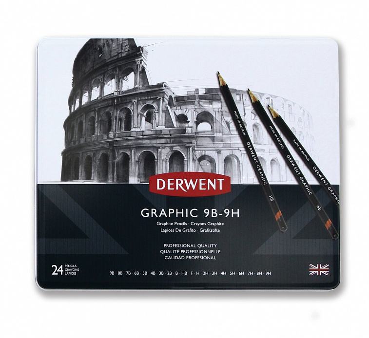 Набор карандашей чернографитных Derwent "Graphic" 24 шт (9Н-9В) в металл коробке 