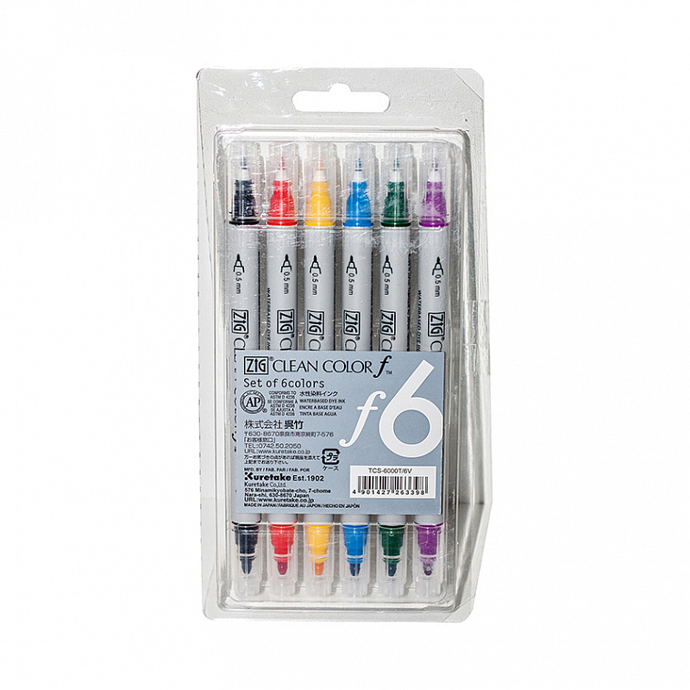 Набор маркеров ZIG Clean Color f 6 шт (акварельные, перья 0,5 и 1,2 мм)