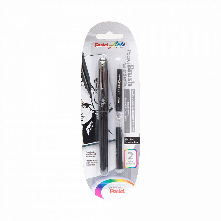 Ручка-кисть для каллиграфии Pentel "Brush Pen" цвет черный, 2 запасных картриджа, в блистере