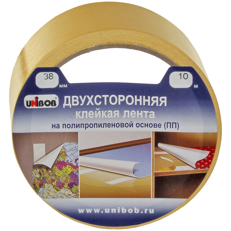 Клейкая лента двусторонняя Unibob, 38 мм*10 м, полипропилен, инд. упаковка лента клейкая 48мм 100м упаковочная прозрачная толщина 45 микрон