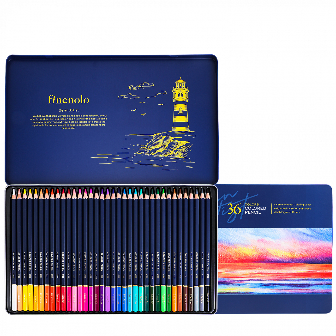 Набор карандашей цветных Finenolo 36 цветов в металлическом пенале суперкурс по рисованию для продвинутых