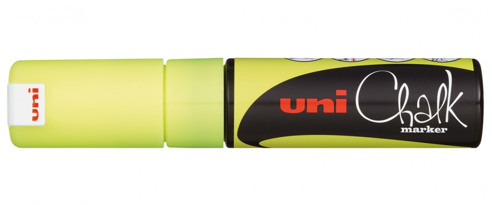 Маркер меловой Uni PWE-8K, 8 мм, клиновидный, флуорисцентный желтый маркер меловой uni pwe 8k 8 мм клиновидный флуорисцентный розовый