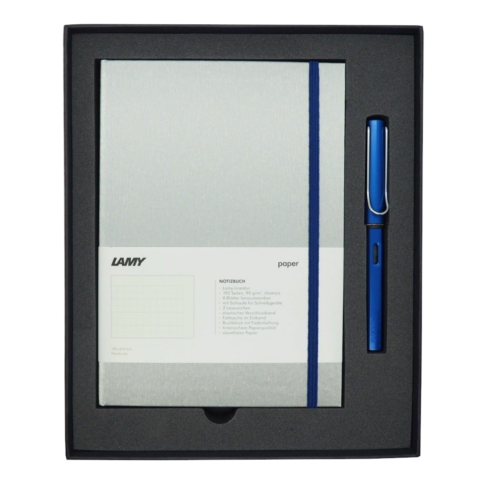 Набор ручка перьевая LAMY Al-star, F, Синий+Записная книжка, твердый переплет, А5, синий тимофей пишет в блокнот
