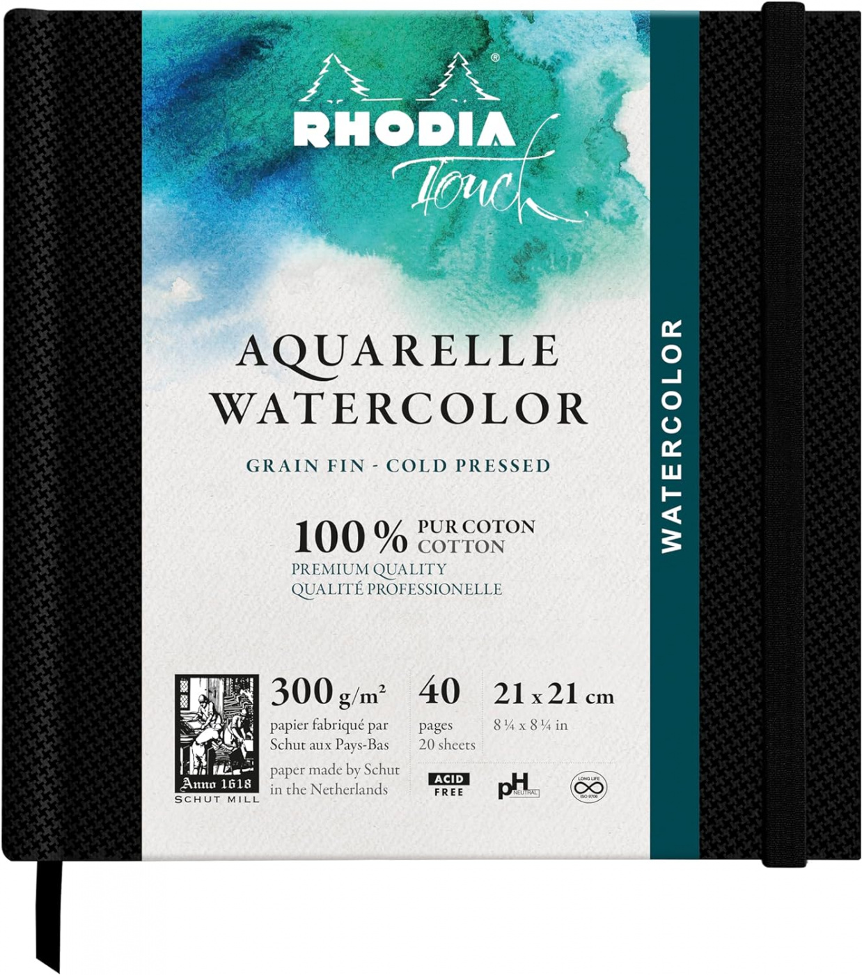 Альбом для акварели Rhodia Touch 21х21 см 300 г, в твердой обложке Черный котята на синей обложке дневничок