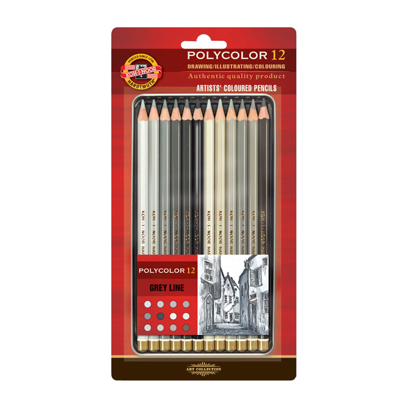 Набор карандашей цветные Koh-I-Noor "Polycolor Grey Line", 12 цв., заточен., металл. пенал, блистер