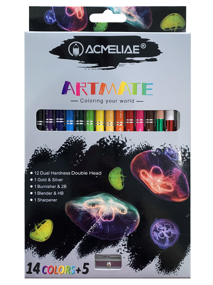 Набор карандашей цветных двусторонних ACMELIAE 15 шт + точилка, в картонном футляре лэтуаль точилка для карандашей atelier