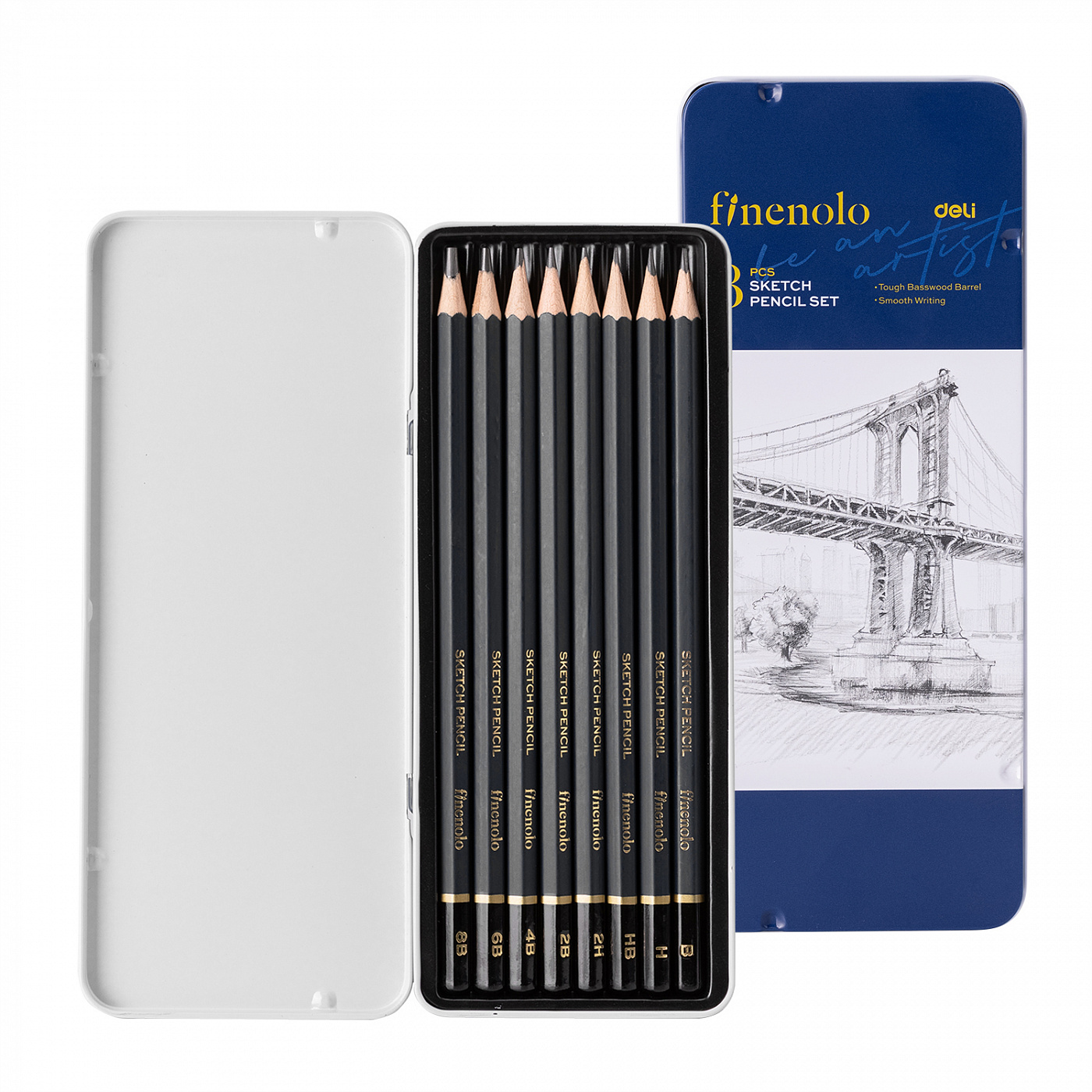 Набор чернографитных карандашей Finenolo Sketch 8 штук (8B-2H) в металлическом пенале набор карандашей чернографитных faber castell castell 9000 12 шт 5b 5h в металл коробке