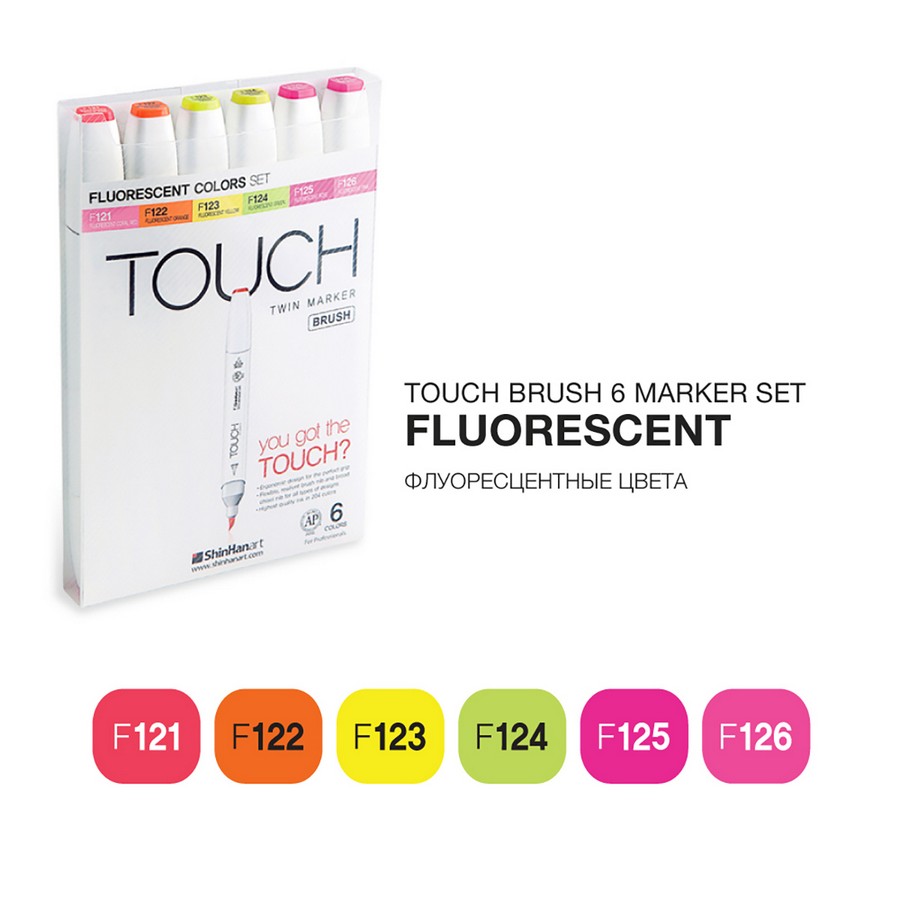 Набор маркеров Touch Twin BRUSH 6 цв, флуоресцентные T-1200623 - фото 1