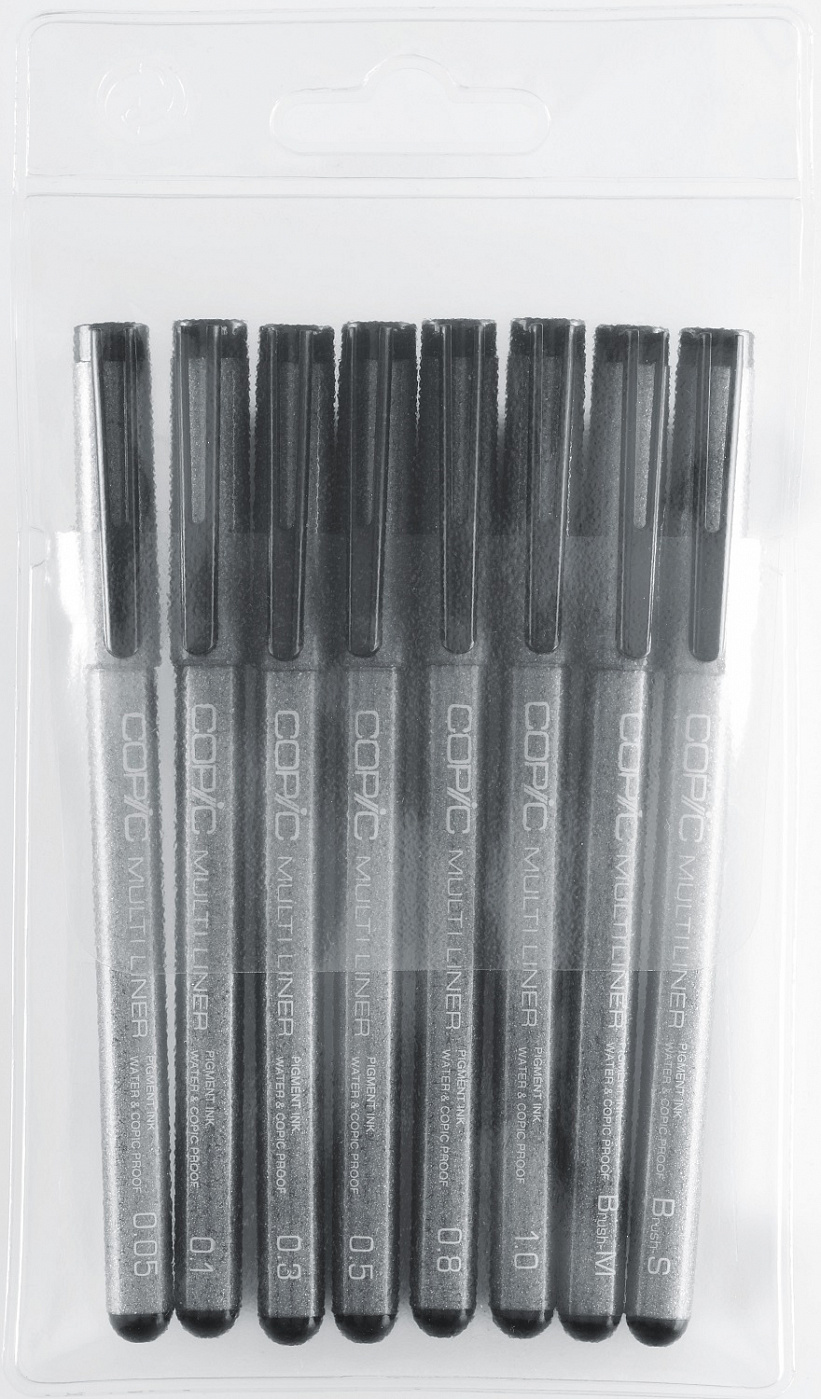 Набор ручек капиллярных Copic черный 8 шт (0.05, 0.1, 0.3, 0.5, 0.8, 1.0 мм, Brush S + M) C-2207510 - фото 1