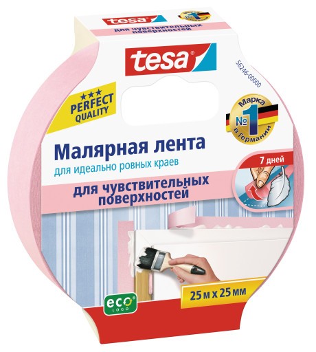 Лента-скотч малярная TESA для чувствительных поверхностей розовая 25 мм х 25 м ?TESA-T56246-00000-00