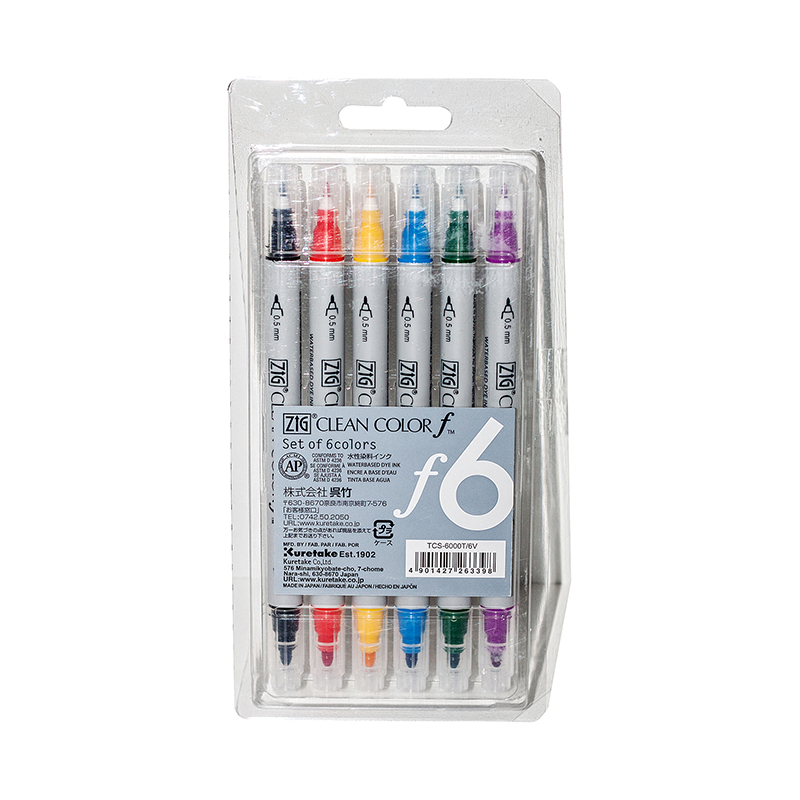 Набор маркеров ZIG Clean Color f 6 шт (акварельные, перья 0,5 и 1,2 мм) ZIG-TCS-6000T/6V ZIG-TCS-6000T/6V - фото 1