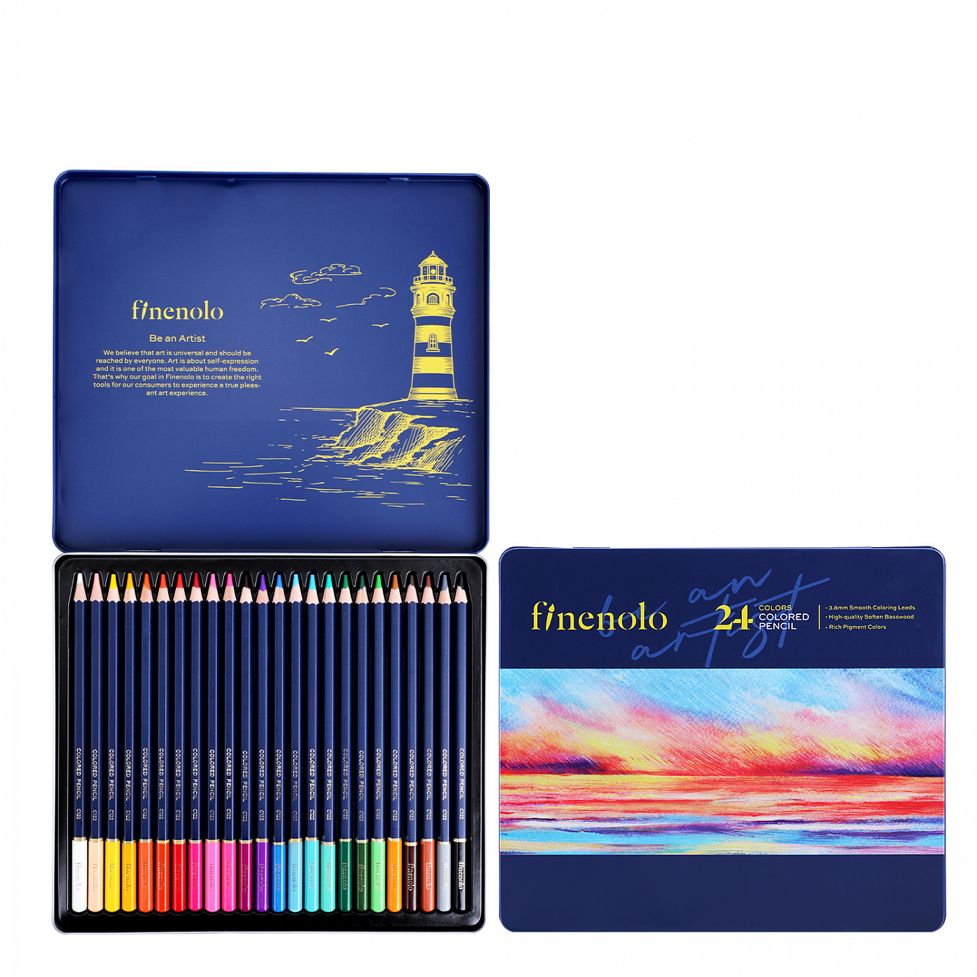 Набор карандашей цветных Finenolo 24 цвета в металлическом пенале суперкурс по рисованию для продвинутых