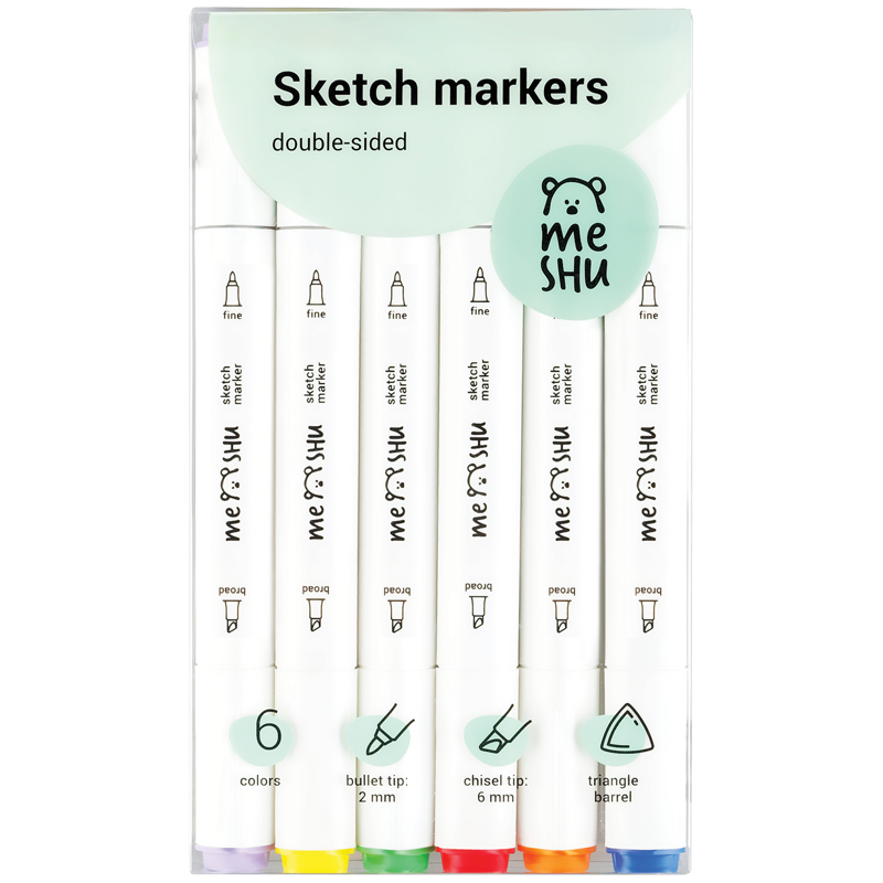 Набор маркеров для скетчинга MESHU 6 цв, основные цвета набор ной бумаги 10 листов 20 ов а4