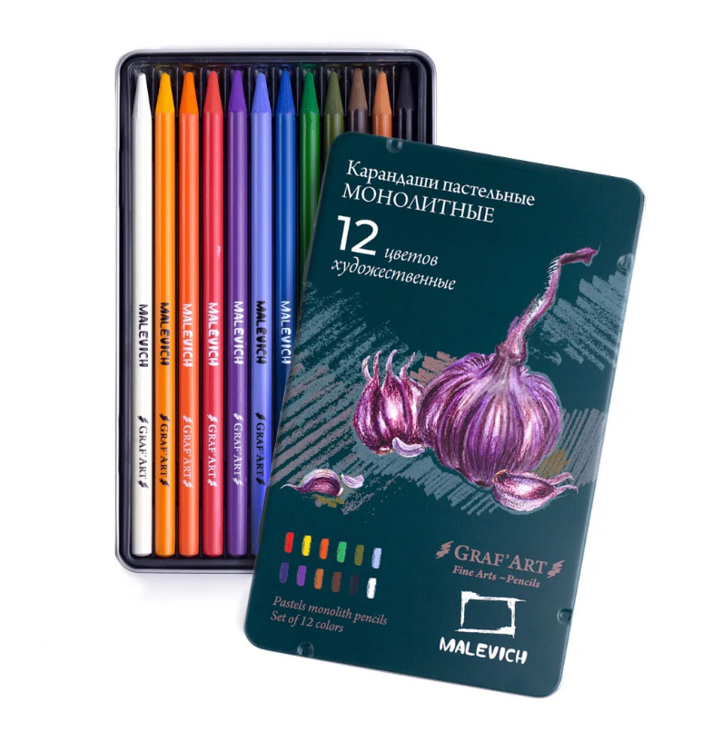 Набор карандашей пастельных монолитов Малевичъ GrafArt, 12 цветов скрутка для карандашей и ручек малевичъ 36х21 см оливковая
