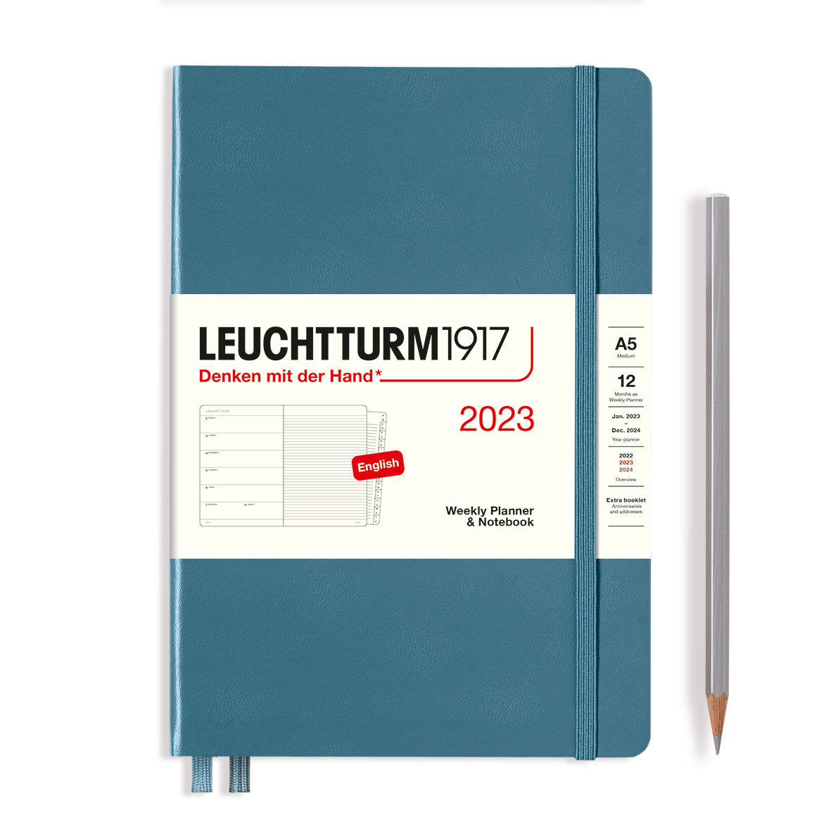 Еженедельник датир. Leuchtturm1917 Medium A5 на 2023г, 72л, тв. обл, цвет: Синий Камень + алфавитная Lecht-365887