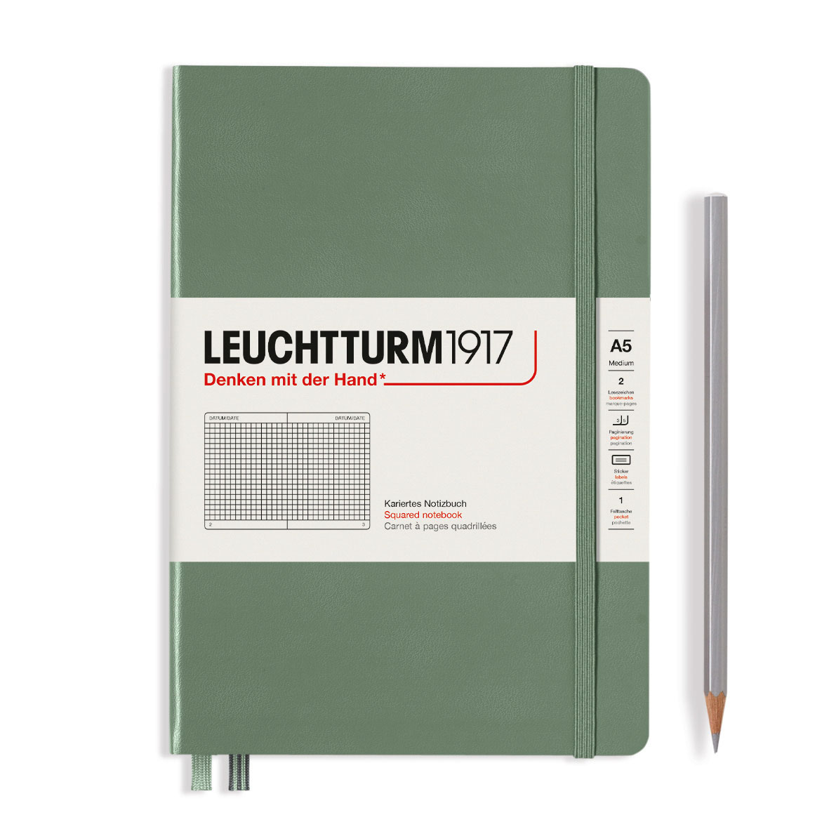 Записная книжка в клетку Leuchtturm A5 251 стр., твёрдая обложка, оливковый слоги книжка с наклейками