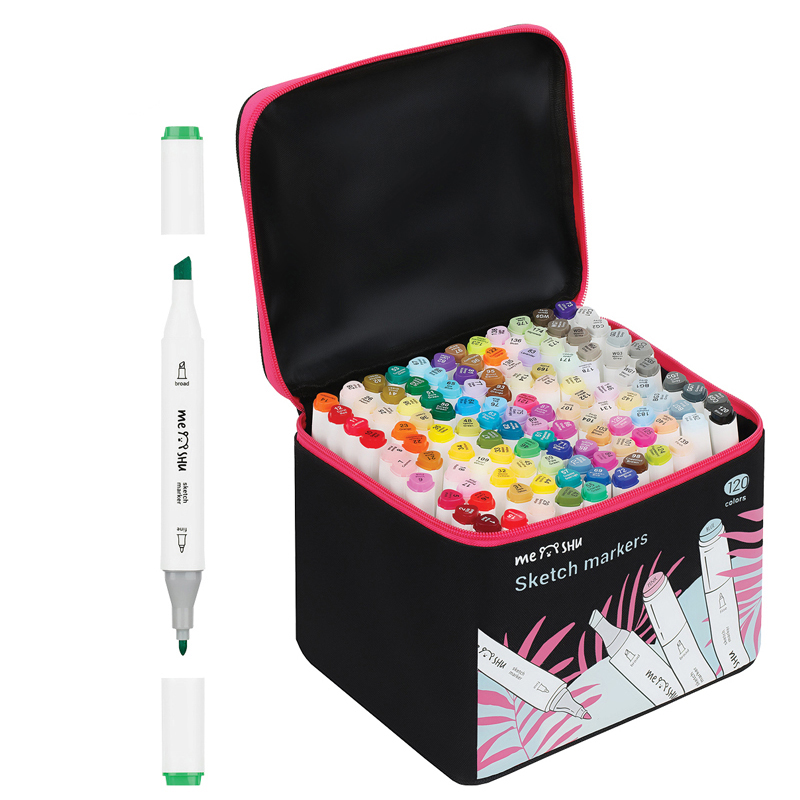 Набор двусторонних маркеров для скетчинга MESHU основные цвета 120 цв, текстильный чехол на молнии аниме раскраска косплей