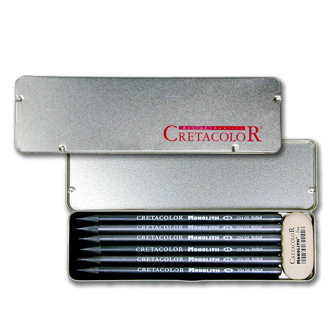 Набор карандашей чернографитных Cretacolor "Monolith Pocket" 6 шт (HB,2B,4B,6B,8B,9B+ластик) метал