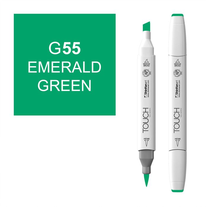 Маркер спиртовой BRUSH Touch Twin цв. G55 изумрудный зеленый светлый маркер спиртовой brush touch twin цв bg61 зеленый павлин