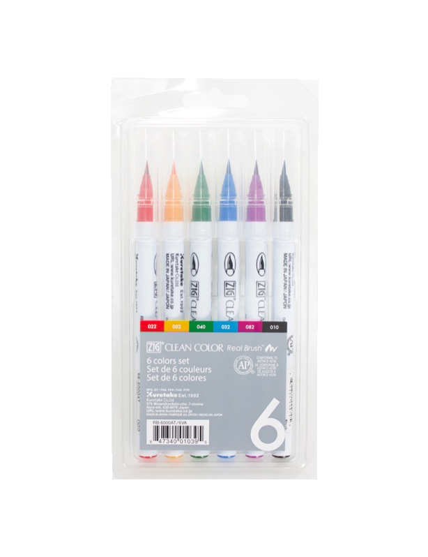 Набор маркеров с кистью Clean Color Real Brush 6 шт ZIG-RB-6000A/6V ZIG-RB-6000A/6V - фото 1