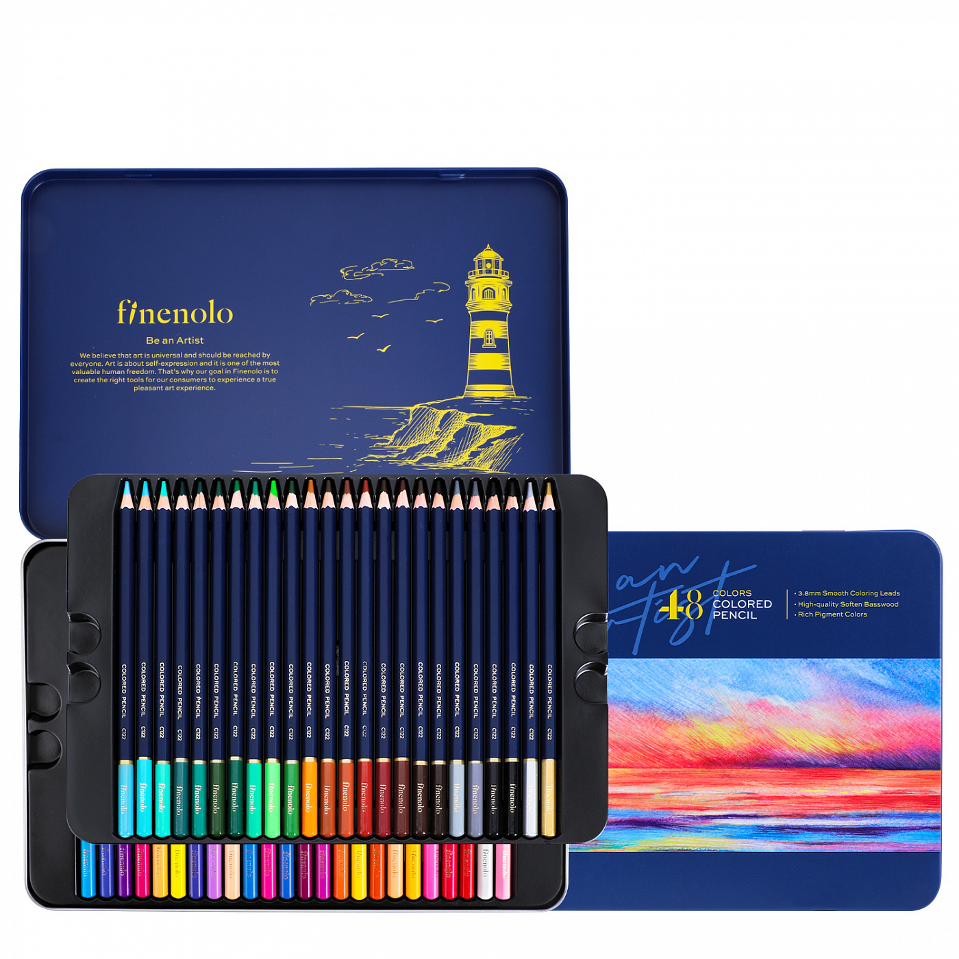 Набор карандашей цветных Finenolo 48 цветов в металлическом пенале суперкурс по рисованию для продвинутых