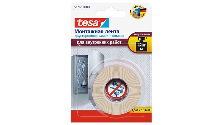 Лента-скотч монтажная TESA двусторонняя, для внутренних работ 19 мм х 1,5 м TESA-T55762-00000-00