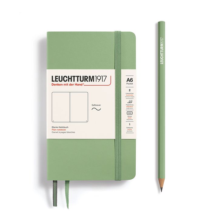 Записная книжка нелинованная Leuchtturm Pocket A6 123 стр., мягкая обложка пастельный зеленый