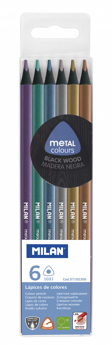Набор цветных карандашей MILAN 6 цв металлик, трехгранные, в пластиковой упаковке как научиться рисовать 101 динозавра