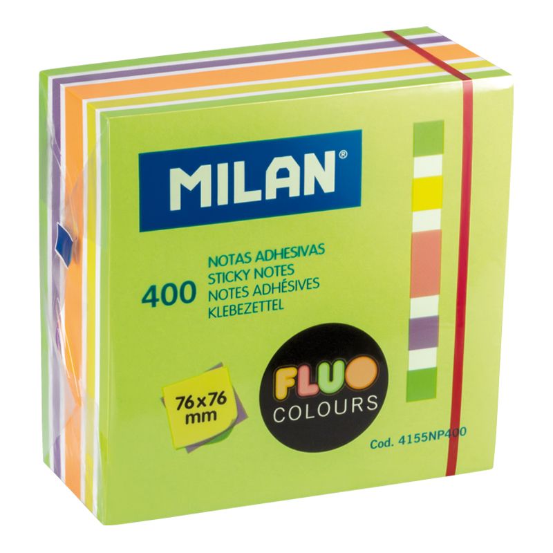 Бумага для заметок Milan Fluo с клеевым краем зеленая + ассорти 7,6*7,6 см 400 л M-4155NP400