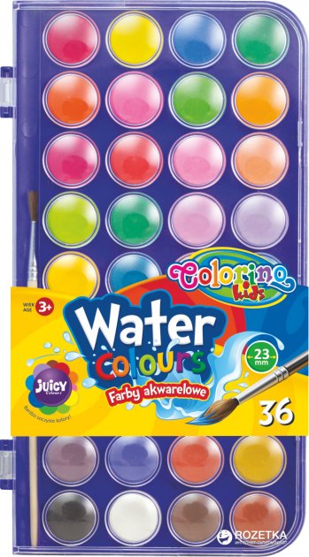 Набор акварели Colorino + кисточка, 36 цветов в пластиковой упаковке (малые блоки)