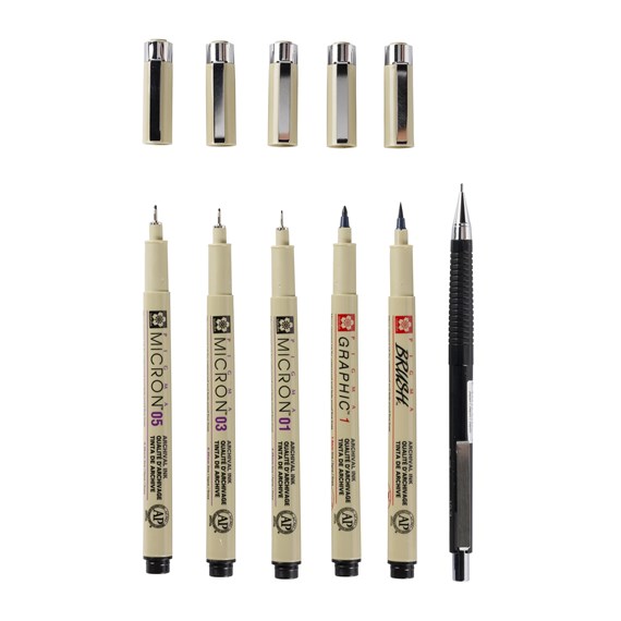 Набор Sakura "PIGMA MICRON MANGA" 6 шт (ручки 0.1мм 0.3мм 0.5мм кисть Pigma Graphic мех карандаш 0,7