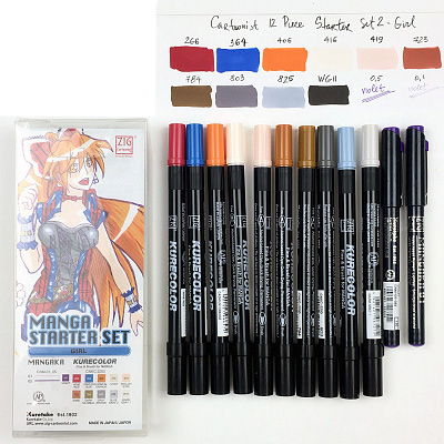 Набор маркеров ZIG Kurecolor Manga Cartoonist Piece Starter Set 2 Girl 10 шт+ 2 ручки ZIG-CNSK-2 - фото 1