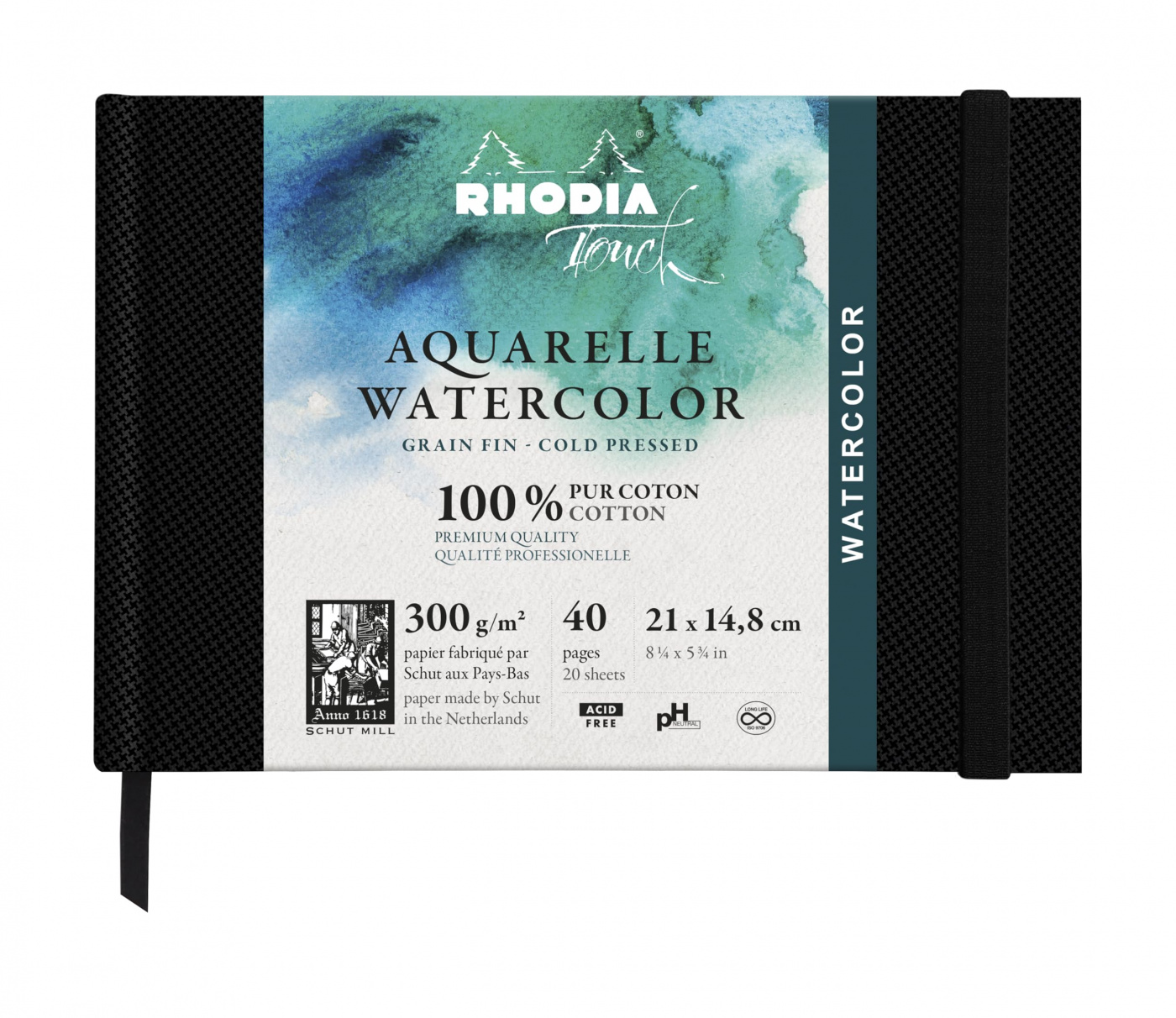 Альбом для акварели Rhodia Touch пейзаж A5 300 г, в твердой обложке Черный