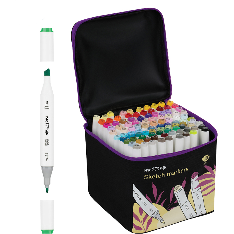 Набор двусторонних маркеров для скетчинга MESHU основные цвета 100 цв, текстильный чехол на молнии аниме раскраска косплей