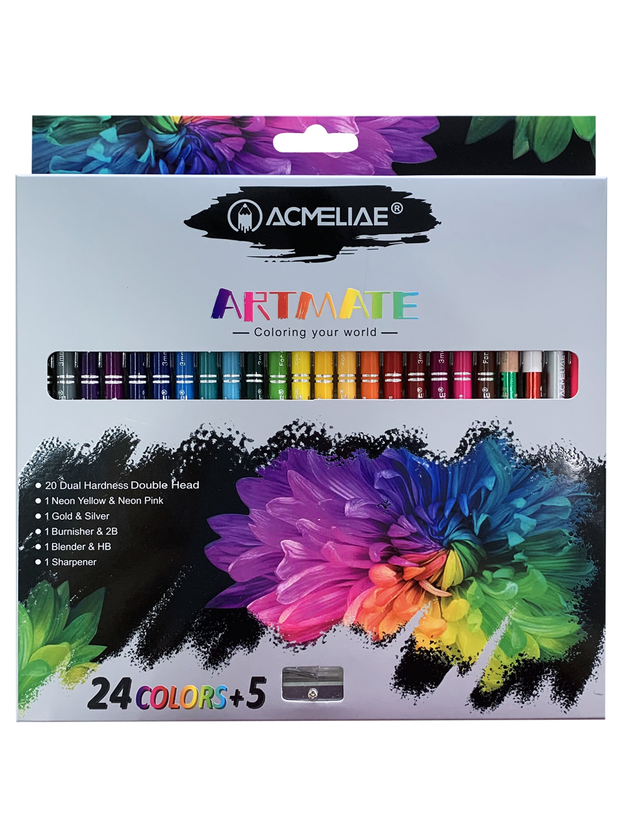 Набор карандашей цветных двусторонних ACMELIAE 24 шт + точилка, в картонном футляре лэтуаль точилка для карандашей atelier