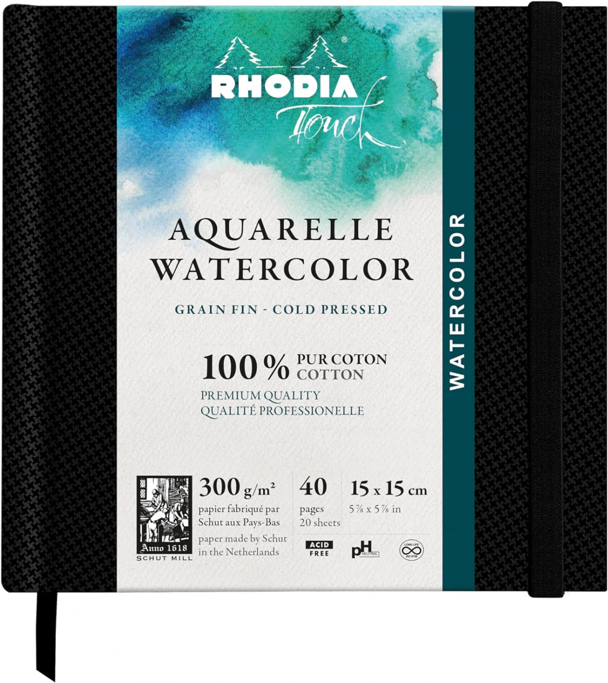Альбом для акварели Rhodia Touch 15х15 см 300 г, в твердой обложке Черный