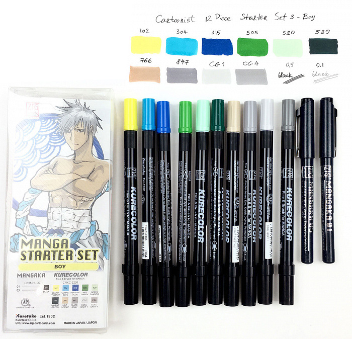 Набор маркеров ZIG Kurecolor Manga Cartoonist Piece Starter Set 3 Boy 10 шт+ 2 ручки