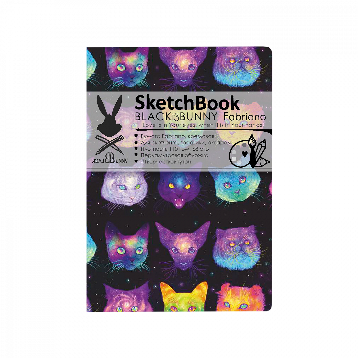 Скетчбук с бумагой Fabriano Black Bunny Головы кошек А6 64 л 110 г 173₽