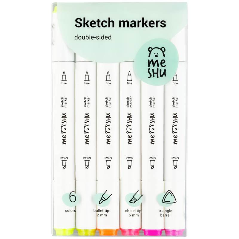 Набор маркеров для скетчинга MESHU 6 цв, флуоресцентные цвета дневник для ст кл аниме коллаж 7бц глянц ламинация