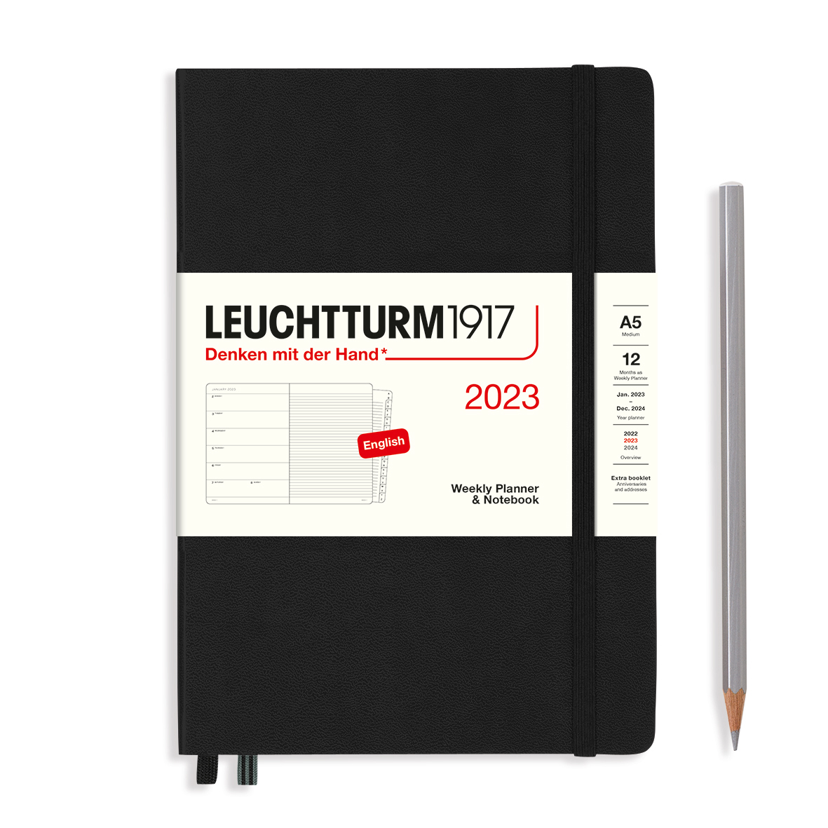 Еженедельник датир. Leuchtturm1917 Medium A5 на 2023г, 72л, тв. обл, цвет: Черный + алфавитная запис Lecht-365878