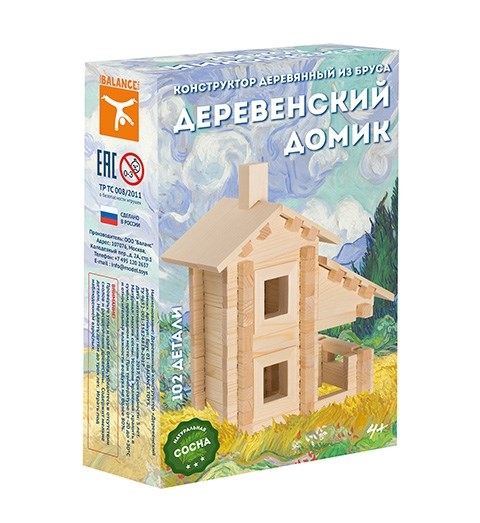 Конструктор деревянный из бруса Деревенский домик, 102 детали МПИ-Брус01