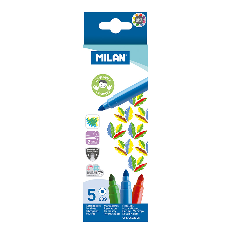 Набор фломастеров MILAN 5 цв, на водной основе легкосмываемые, в картонной упаковке фломастеры 24 цвета вентилируемый колпачок в картонной коробке