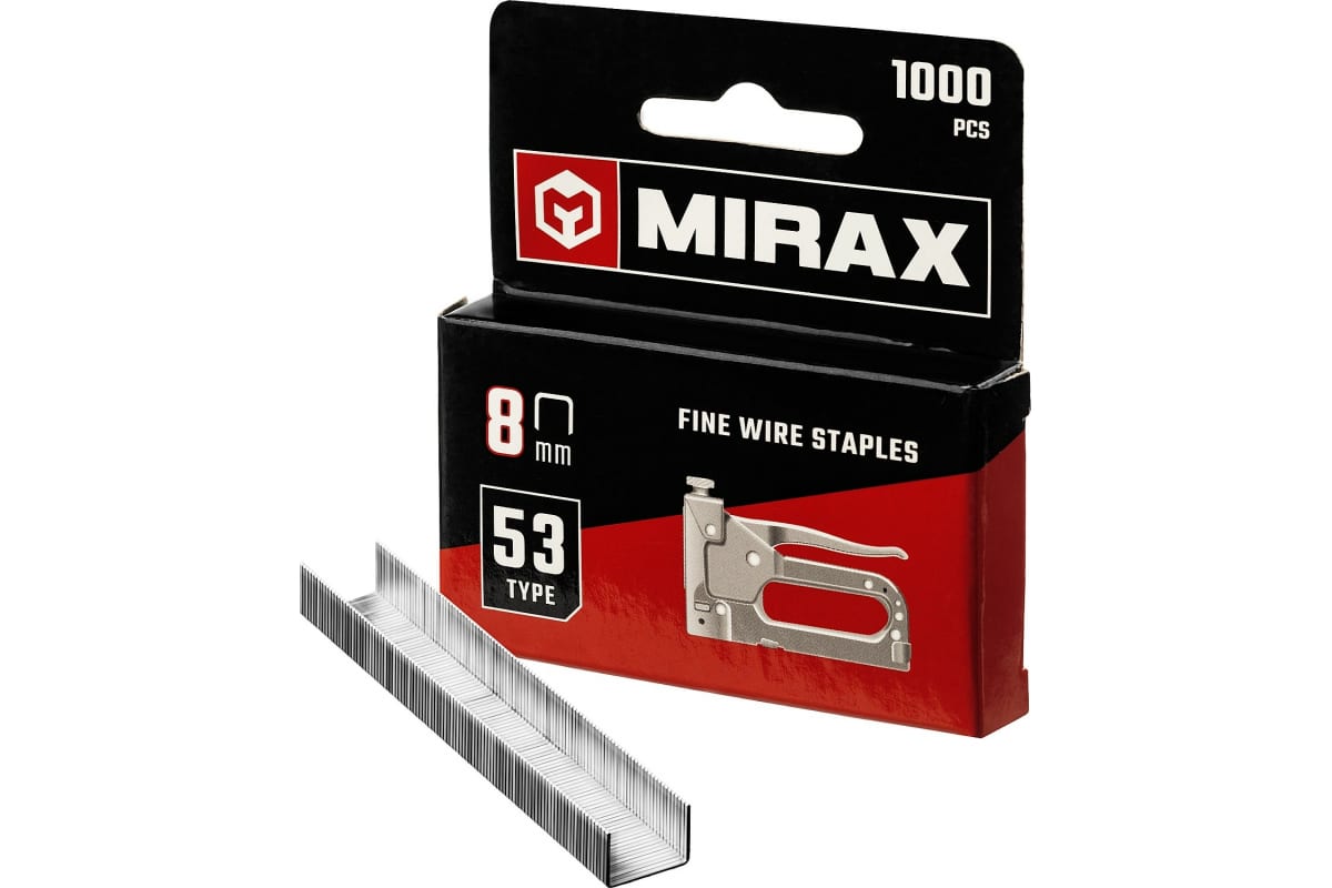 Скобы для степлера MIRAX 1000 шт, тип 53 (8мм) скобы для степлера mirax 1000 шт тип 53 10мм