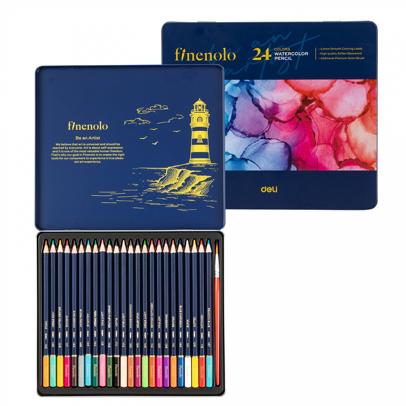 Набор карандашей акварельных Finenolo 24 цвета в металлическом пенале пифагор фломастеры для рисования яркие цвета 24 0