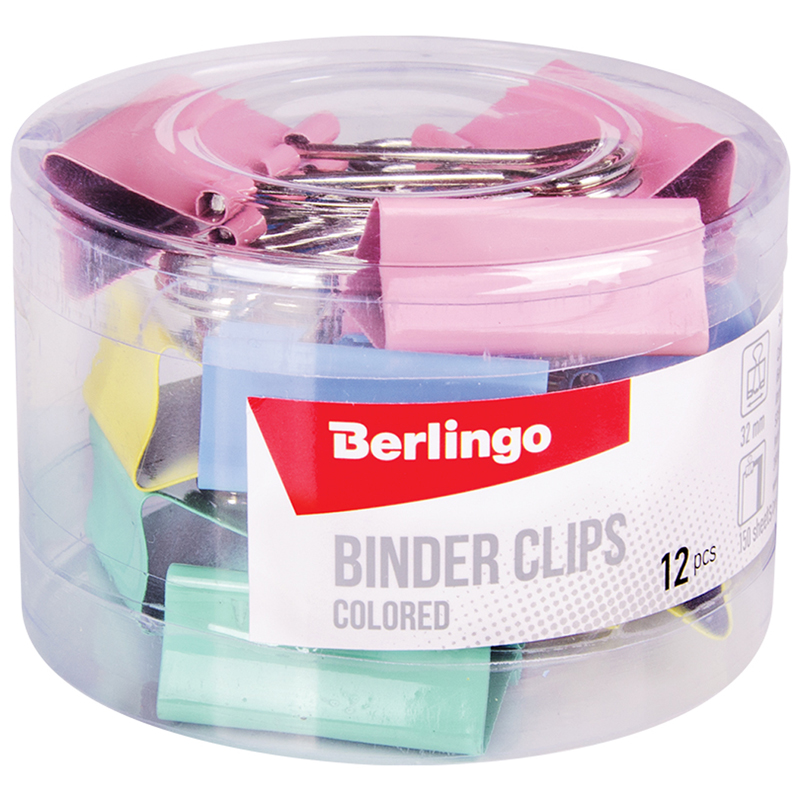 Зажим для бумаг Berlingo 32 мм, 12 шт, цветные, пластиковый тубус Brg-BC1232m