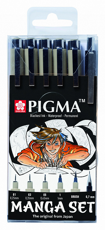 Набор Sakura "PIGMA MICRON MANGA" 6 шт (ручки 0.1мм 0.3мм 0.5мм кисть Pigma Graphic мех карандаш 0,7