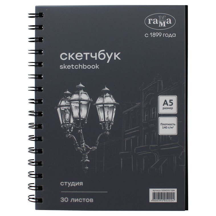 Альбом для графики на спирали Гамма "Студия" А5 30 л 140 г, черный 606x758