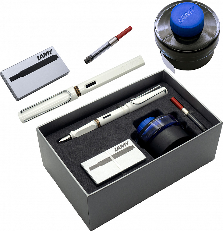 Набор ручка перьевая LAMY Safari, F корпус белый+ картридж черный+ чернила син.+ конвертер