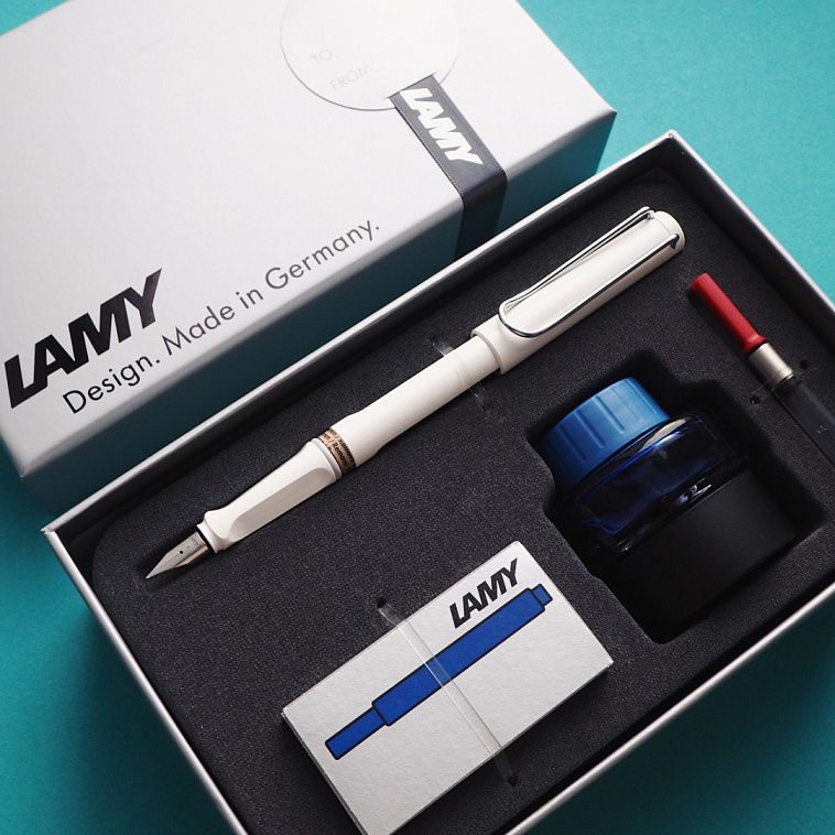 Набор ручка перьевая LAMY Safari, F корпус белый+ картридж синий+ чернила син.+ конвертер